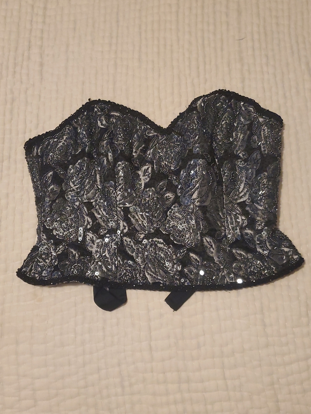 Oleg Cassini Black and Silver Strapless Sequin Paisley Bustier